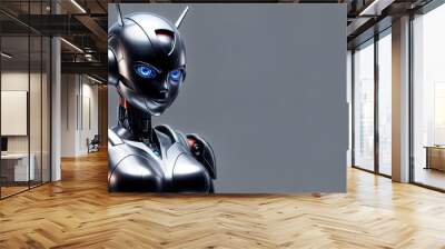 The image shows a robot with a metallic body and blue eyes, it has a silver and black color scheme Wall mural