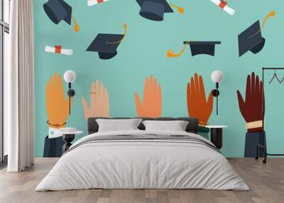 Modern vector illustration of throwing graduation hats in the air. Finish off educational institution. International students Wall mural