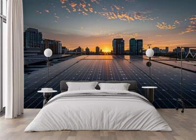 Urban sunrise over a sustainable future with solar panels Wall mural