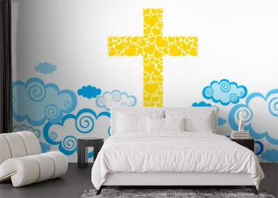 Christian cross in a sky with some clouds. Easter Holiday. He is risen. Christian religious design for resurrection celebrate theme.   Horizontal card format for web banner or header. Vector Wall mural