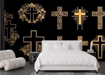 Religion gold cross icon set isolated on black background.  Big Collection of Christian Symbol design. Decorated crosses signs or ornamented crosses symbols.  illustration Wall mural