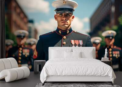 A US Marine stands in the foreground at the parade in full dress uniform Wall mural