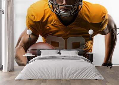 American football player in a yellow helmet and uniform runs with a ball in his right hand. Isolated on a transparent background Wall mural