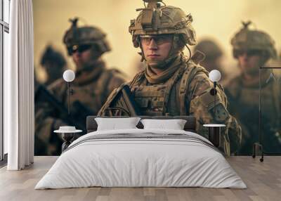 American military in modern equipment with weapons in their hands Wall mural