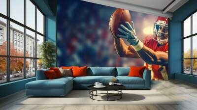 An American football player in a red uniform and helmet catches the ball. Background with space for text. Generative Ai Wall mural