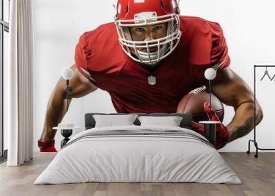 An American football player runs with a ball in a red and white uniform. Isolated on a transparent background Wall mural