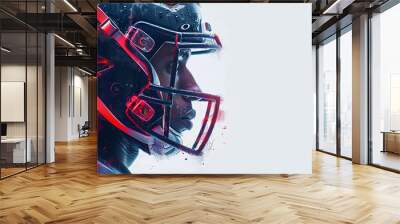 An American football player stands sideways in a helmet with a red light behind his back. The effect of scattering into particles Wall mural