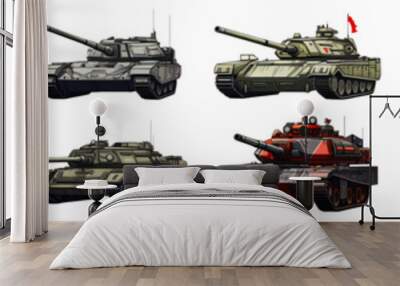 Set of drawn icons of modern battle tanks. Isolated on transparent background. Generative Ai Wall mural