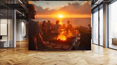 A group of friends having a barbecue. Wall mural