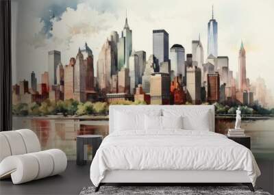 A New York City illustration in colorful watercolor paints, isolated on a white background Wall mural