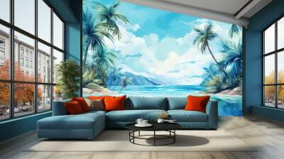 Abstract watercolor. Peaceful beach paradise with palm trees and crystal clear water. Wall mural