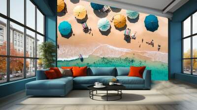 Aerial view of the beach full of umbrellas (Generative AI) Wall mural