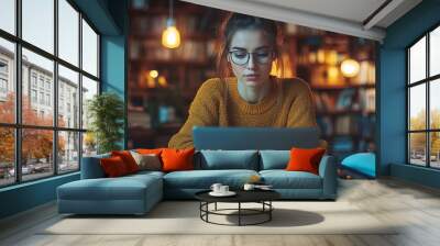 beautiful young woman sitting in the office at the computer. Wall mural