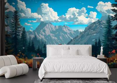 Bicycle in the mountains, illustration with strong colors Wall mural