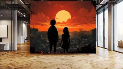 CHILDREN IN WAR. SILHOUETTE OF CHILDREN STANDING IN FRONT OF A RUINS. Wall mural