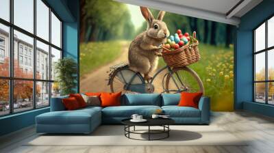 Easter bunny rides his bike around. Generative AI Wall mural