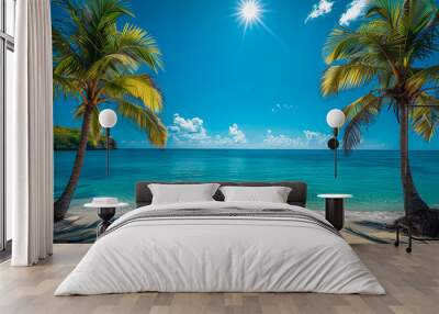 Idyllic paradise: tropical palm trees on the azure ocean under brilliant sunshine Wall mural