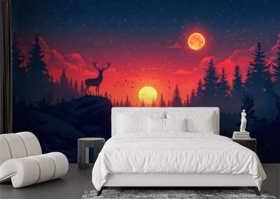 Illustration of a deer at sunset Wall mural