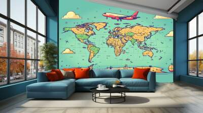 Illustration of an airplane symbol with travel destinations and map - concept for vacation planning and travel. Wall mural