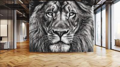 Lion illustration in black and white pencil sketch is perfect for art lovers, animal lovers or as a decorative element for interiors. Generative AI Wall mural