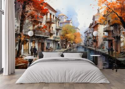 Watercolor painting of a city streets in autumn Wall mural