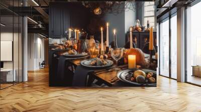 Holiday table setting in luxury large living room decorated for Halloween in dark colors. Wall mural