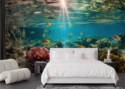 Marine life under water surface, sea sponge, different fish, sand seabed. Wall mural