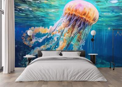 Watercolor painting of large sea jellyfish under sea surface close up. Wild marine animals. Wall mural