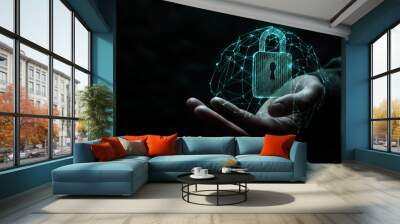 Cyber security concept. Holographic padlock over the suited man's hand Wall mural