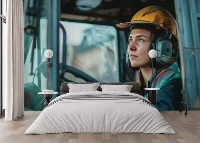 Portrait of a young caucasian woman while using a construction equipment Wall mural