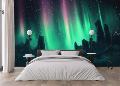 Aurora Borealis illuminating a serene mountain landscape Wall mural