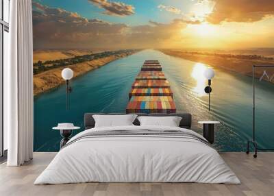 Cargo ship sailing on serene ocean at sunset Wall mural