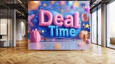 Colorful 'Deal Time' text with party decorations and confetti Wall mural