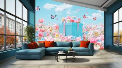 Colorful flowers and gift box in a dreamy, whimsical landscape Wall mural