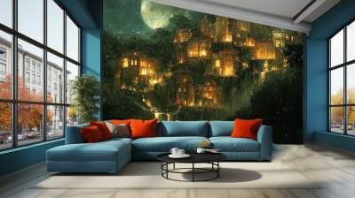 Enchanted fairytale town with glowing lights under a mystical full moon sky Wall mural