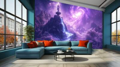 Ethereal landscape with spiraling galaxy and silhouetted figure atop a floating mountain Wall mural