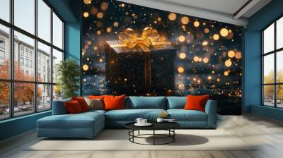 Festive Christmas gift box with golden bow surrounded by sparkling bokeh lights Wall mural