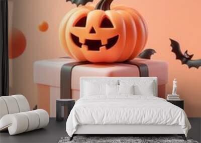 Festive Halloween scene with pumpkin lantern, bats, and assorted candies Wall mural