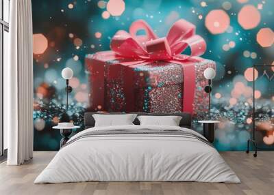 Festive red gift box with ribbon on sparkling background Wall mural