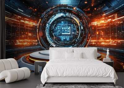 Futuristic sci fi stage with holographic display and glowing neon lights Wall mural