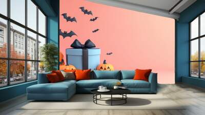 Halloween pumpkin decorations and bats against pink background Wall mural