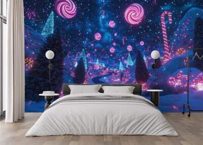 Magical winter wonderland with glowing candy canes, swirling lollipops, and sparkling trees under a starry night sky Wall mural