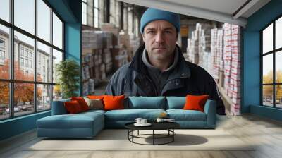 Man carrying boxes in a warehouse or storage facility Wall mural