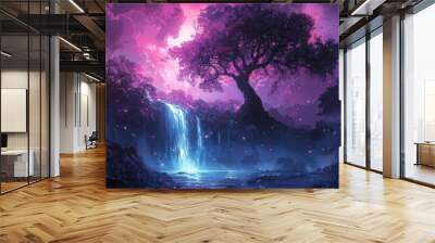 Mystical fantasy landscape with waterfall, tree, and glowing night sky Wall mural