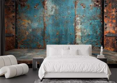 Rustic wooden table in front of old, weathered wall with peeling paint Wall mural