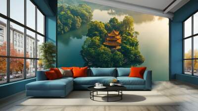 Scenic aerial view of a tranquil lake island with a traditional pagoda Wall mural