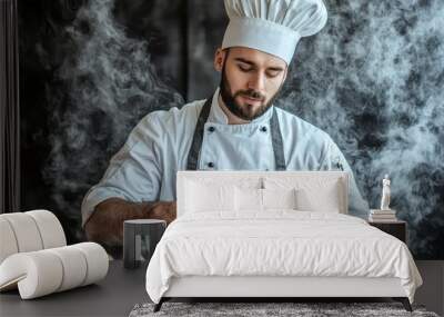 Skilled Chef Preparing Fresh Produce in Commercial Kitchen Wall mural