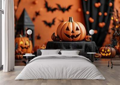 Spooky Halloween scene with jack o' lanterns, bats, and haunting decor Wall mural