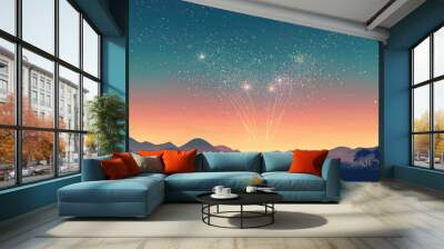 Starry night sky with silhouetted mountains and colorful sunset horizon Wall mural