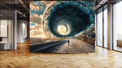 Surreal fantasy landscape with giant swirling vortex in sky over city Wall mural